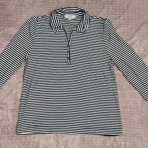 Loft Womens Black/White Striped Ribbed Long Sleeve Polo Top